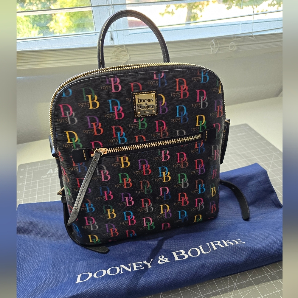 Dooney & Bourke Black Rainbow Monogeam Doomed Zip Pod Backpack